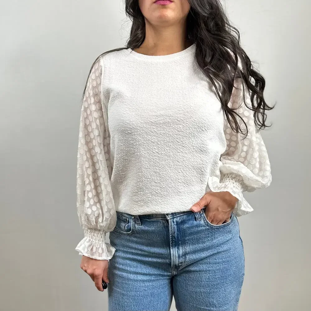 Sunday in Brooklyn White Sheer Polka Dot Sleeve Blouse